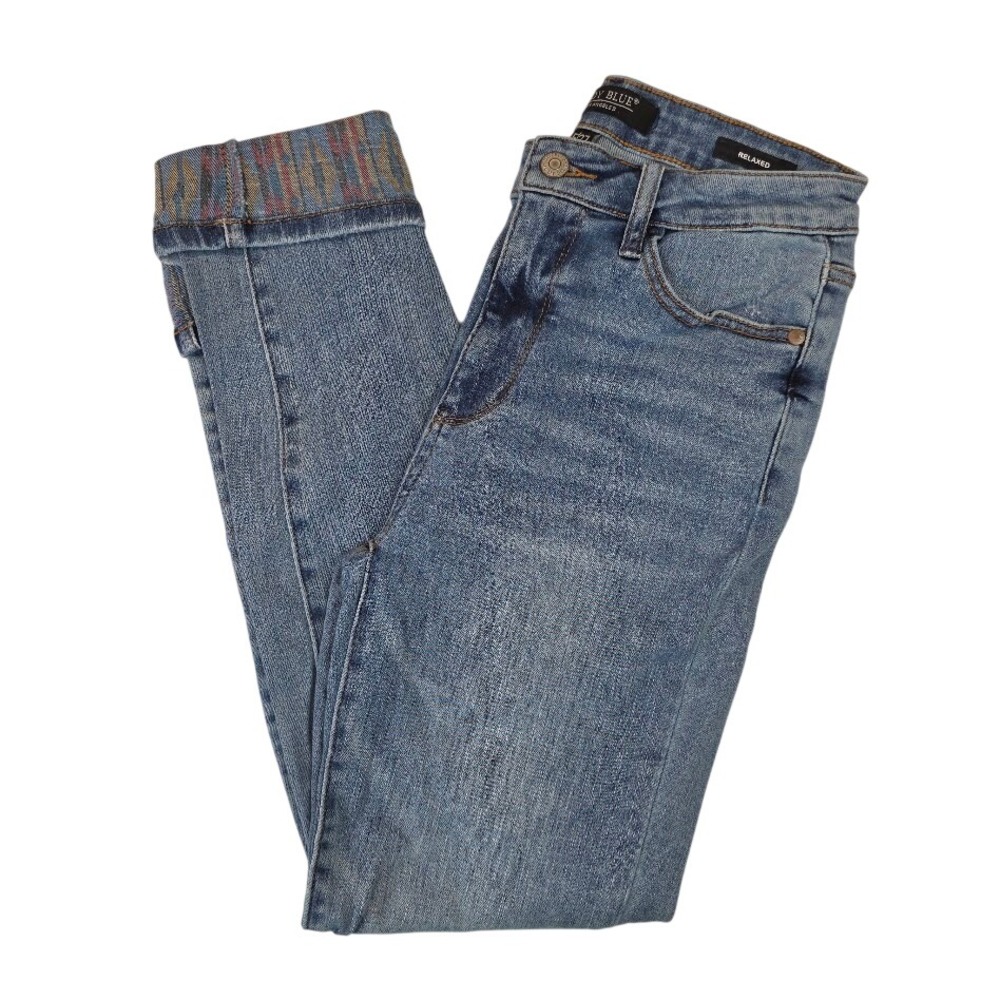 Judy Blue Womens 5/27 Relaxed Jeans Blue Ikat Aztec Print Cuff High Rise JB88523